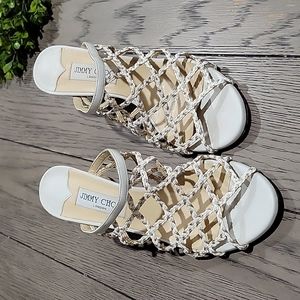 Jimmy Choo Dean White Gold Braided Cork Sandals Size 39.5